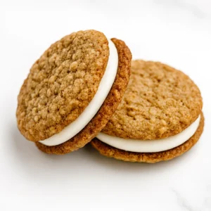 Two oatmeal cream pies stacked on a table