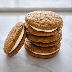 Carrot cake cookie sandwiches filled with cream cheese frosting stacked on a marble surface.